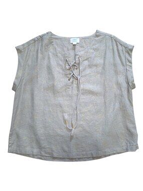 Sigrid Olsen Linen Blend beige Metallic Gold Blouse Lace-Up Size M Cap Sleeve